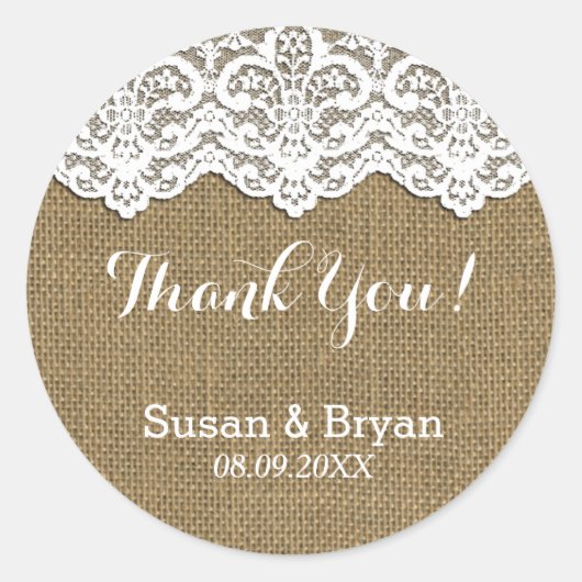 Classy White Lace & Burlap Dank u Sticker (Voorkant)