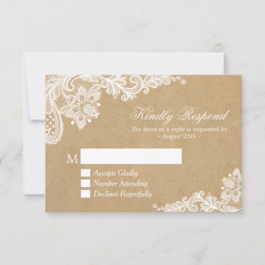 Classy White Lace in Kraft Wedding RSVP Antwoord (Voorkant)