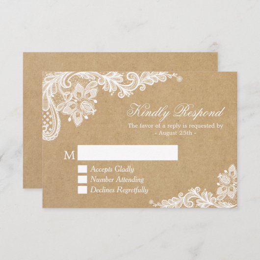 Classy White Lace in Kraft Wedding RSVP Antwoord (Voorkant / Achterkant)