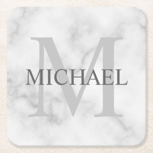 Classy White Marble - gepersonaliseerd monogram en Kartonnen Onderzetters