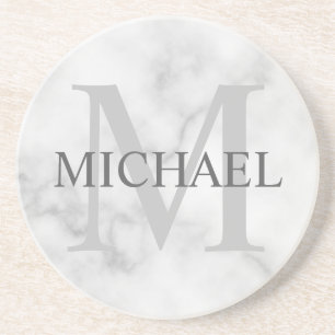 Classy White Marble - gepersonaliseerd monogram en Zandsteen Onderzetter
