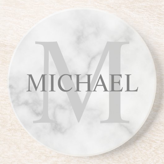 Classy White Marble - gepersonaliseerd monogram en Zandsteen Onderzetter (Voorkant)