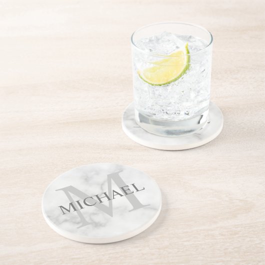 Classy White Marble - gepersonaliseerd monogram en Zandsteen Onderzetter (Zijkant)