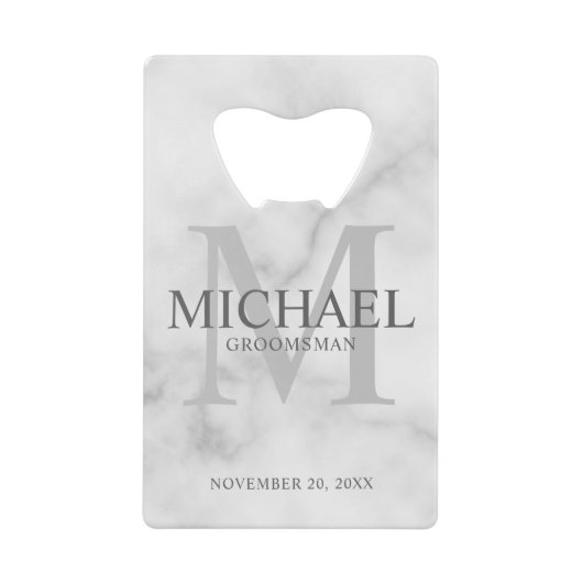 Classy White Marble Personalized Groomsmen Creditkaart Flessenopener (Voorkant)