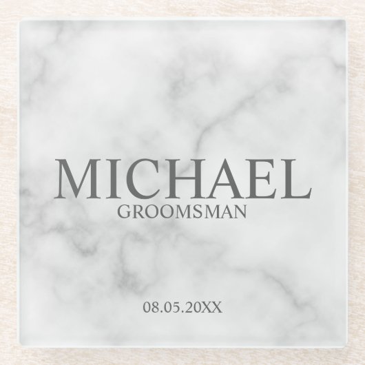 Classy White Marble Personalized Groomsmen Glazen Onderzetter (Voorkant)