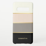 Classy Wide Stripes Patroon met Jouw naam Samsung Galaxy S10  Hoesje<br><div class="desc">Classy en elegant,  dit populaire ontwerp heeft een moderne,  geavanceerde aantrekkingskracht met zijn brede,  gestreepte banden zwart,  wazig roze,  taupe en licht beige met dunne golden strepen die aan elke kleur grenzen. Pas de tekst sjabloon met jouw naam of andere gewenste tekst aan.</div>