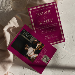 Classy Wine Old Money Retro Photo QR Code Wedding Kaart