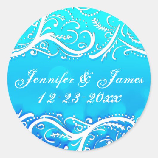 Classy Winter Blue Flourishes Bewaar de datumzegel Ronde Sticker (Voorkant)