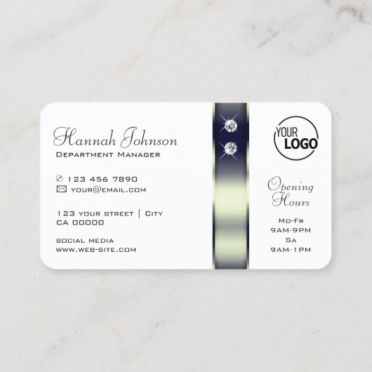 Classy Wit Blauw Zilver Decor Juwelen en Logo Visitekaartje (Achterkant)