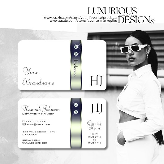 Classy Wit Blauw Zilver Decor Juwelen en Monogram Visitekaartje