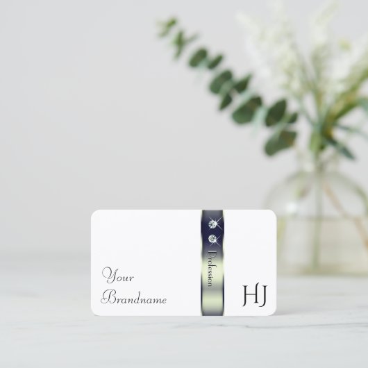 Classy Wit Blauw Zilver Decor Juwelen en Monogram Visitekaartje (Staand voorkant)