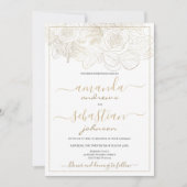 Classy wit en gouden rozen bloemenbruiloft kaart (Voorkant)