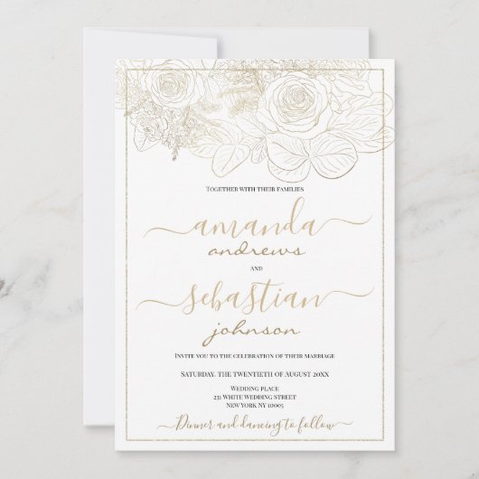 Classy wit en gouden rozen bloemenbruiloft kaart (Voorkant)