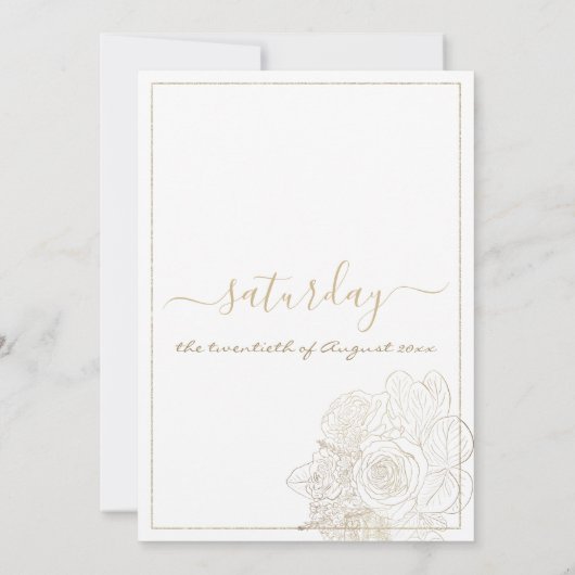 Classy wit en gouden rozen bloemenbruiloft kaart (Achterkant)