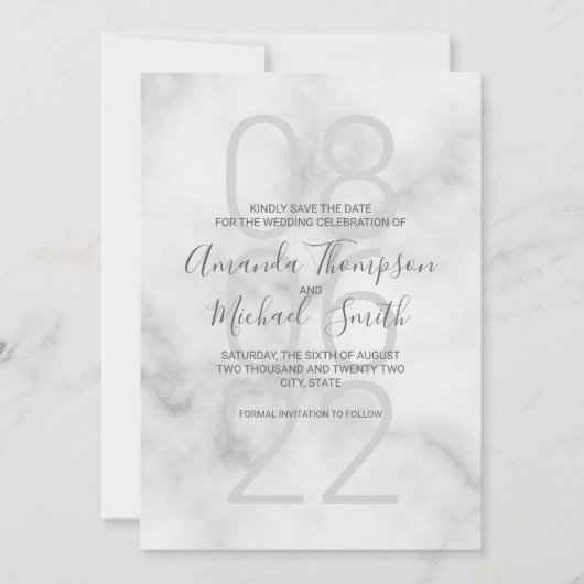 Classy wit marmer modern script bruiloft save the date (Voorkant)