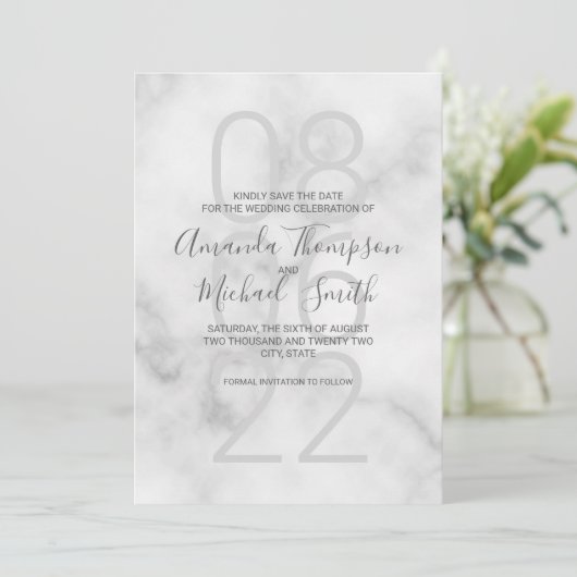 Classy wit marmer modern script bruiloft save the date (Staand voorkant)