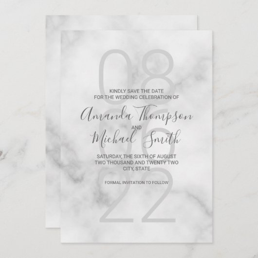 Classy wit marmer modern script bruiloft save the date (Voorkant / Achterkant)
