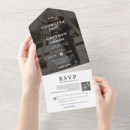 Classy Wit RSVP Foto QR Code Bruiloft All In One Uitnodiging