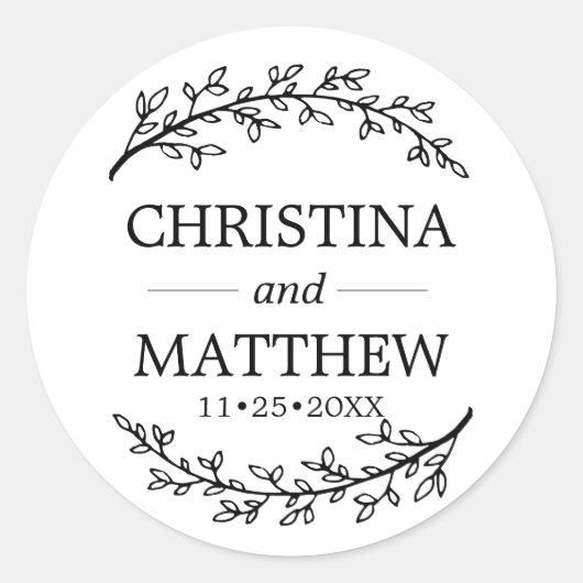 Classy wit zwart laurier takken bruiloft ronde sticker (Voorkant)