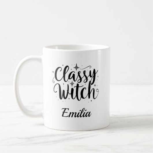 Classy Witch Halloween naam Black Typography Koffiemok (Links)