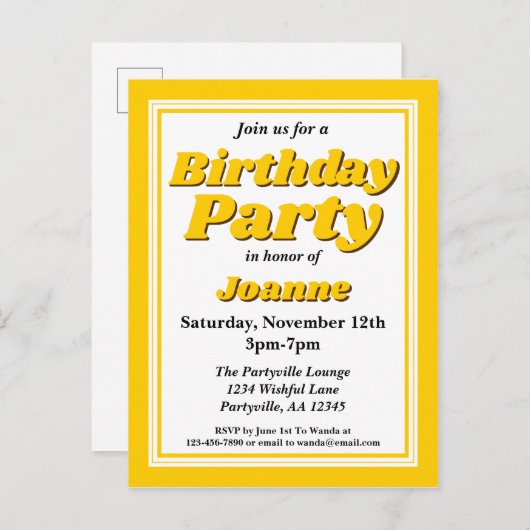 Classy Yellow Adult Birthday Party Uitnodiging Briefkaart (Voorkant / Achterkant)