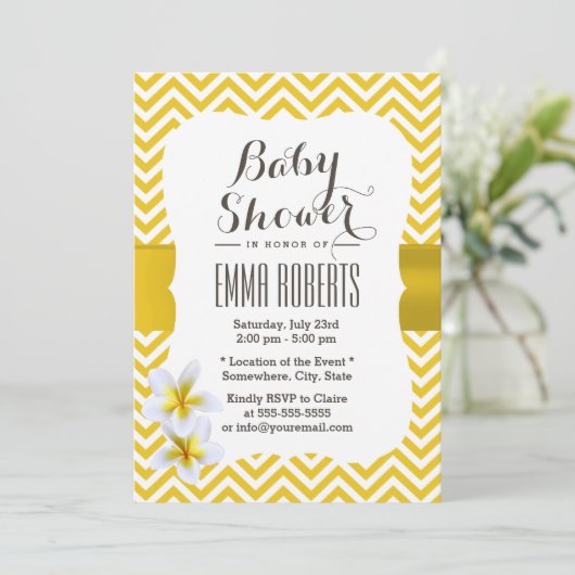 Classy Yellow Chevron Plumeria Baby shower Kaart (Staand voorkant)