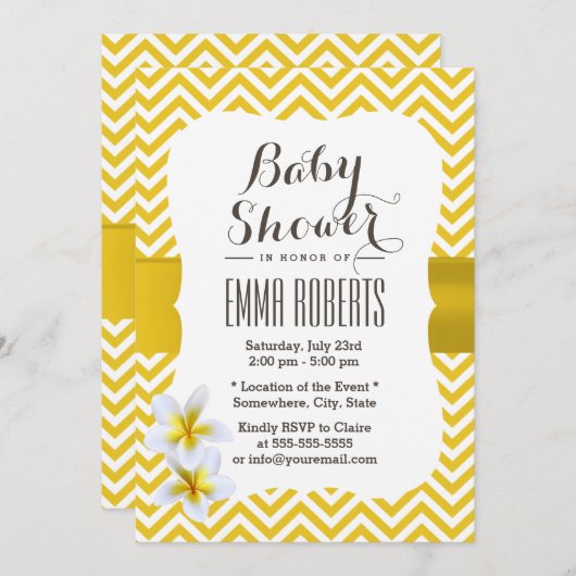 Classy Yellow Chevron Plumeria Baby shower Kaart (Voorkant / Achterkant)