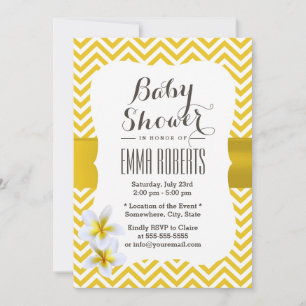 Classy Yellow Chevron Plumeria Baby shower Kaart