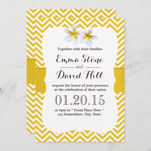 Classy Yellow Chevron Plumeria Wedding Kaart (Voorkant / Achterkant)