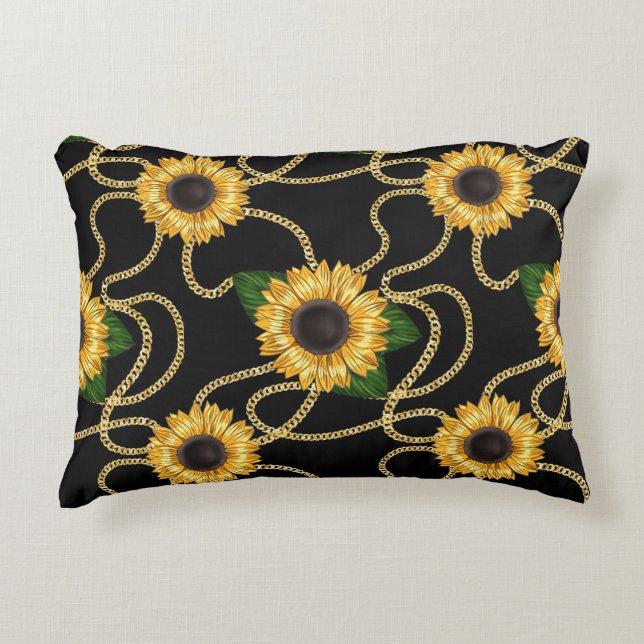 Classy Yellow Sunflower Stijlvol patroon op zwart Accent Kussen (Voorkant)