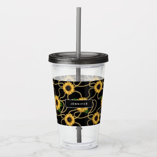 Classy Yellow Sunflower Stijlvol patroon op zwart Acryl Drinkbeker (Voorkant)