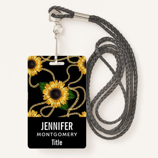 Classy Yellow Sunflower Stijlvol patroon op zwart Badge (Voorkant met draagriem)