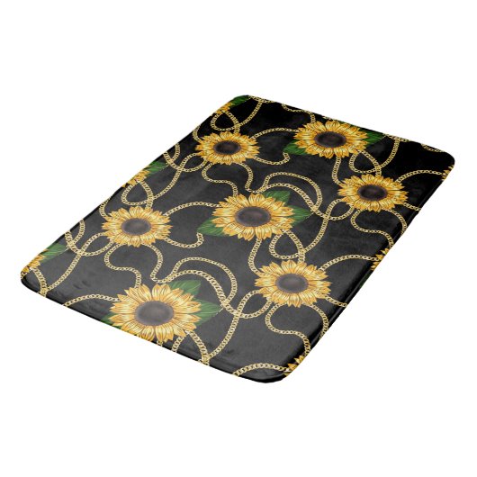Classy Yellow Sunflower Stijlvol patroon op zwart Badmat (Gekanteld)