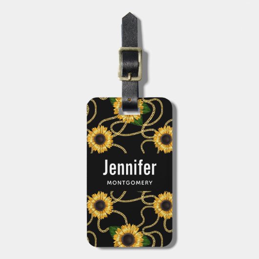 Classy Yellow Sunflower Stijlvol patroon op zwart Bagagelabel (Voorkant verticaal)