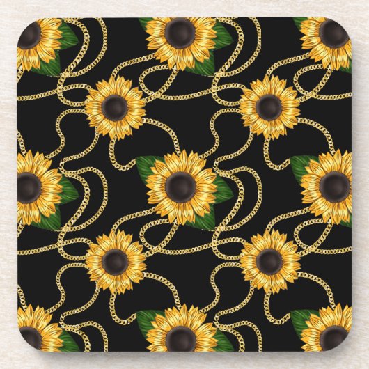 Classy Yellow Sunflower Stijlvol patroon op zwart Bier Onderzetter (Voorkant)