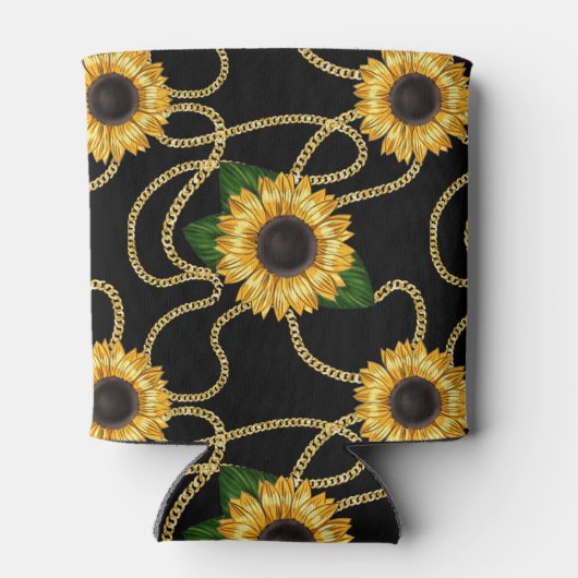 Classy Yellow Sunflower Stijlvol patroon op zwart Blikjeskoeler (Achterkant)