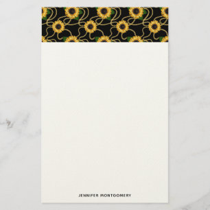 Classy Yellow Sunflower Stijlvol patroon op zwart Briefpapier