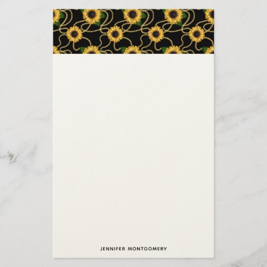 Classy Yellow Sunflower Stijlvol patroon op zwart Briefpapier (Voorkant)