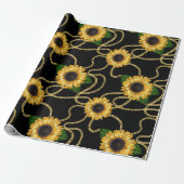Classy Yellow Sunflower Stijlvol patroon op zwart Cadeaupapier (Uitgerold)
