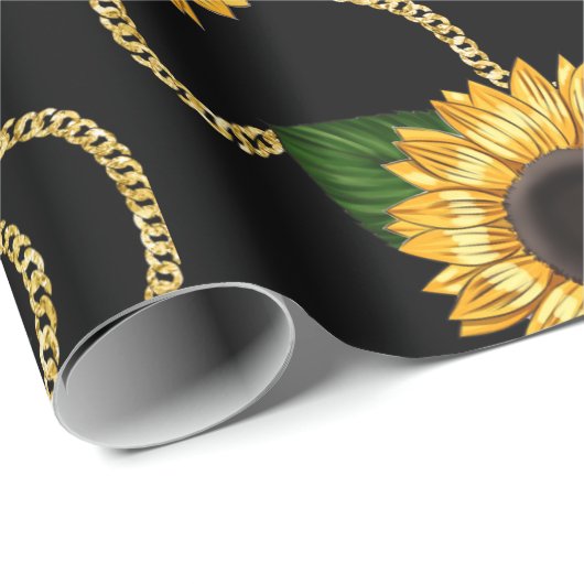 Classy Yellow Sunflower Stijlvol patroon op zwart Cadeaupapier (Rol Hoek)