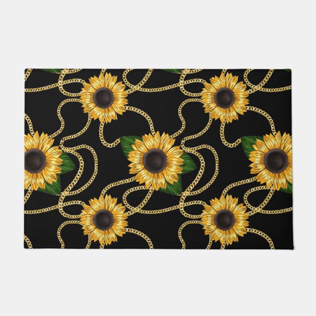 Classy Yellow Sunflower Stijlvol patroon op zwart Deurmat (Voorkant)