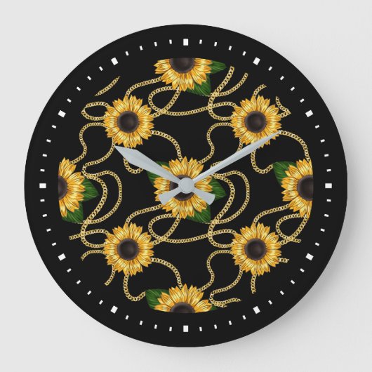 Classy Yellow Sunflower Stijlvol patroon op zwart Grote Klok (Voorkant)