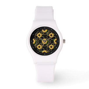 Classy Yellow Sunflower Stijlvol patroon op zwart Horloge