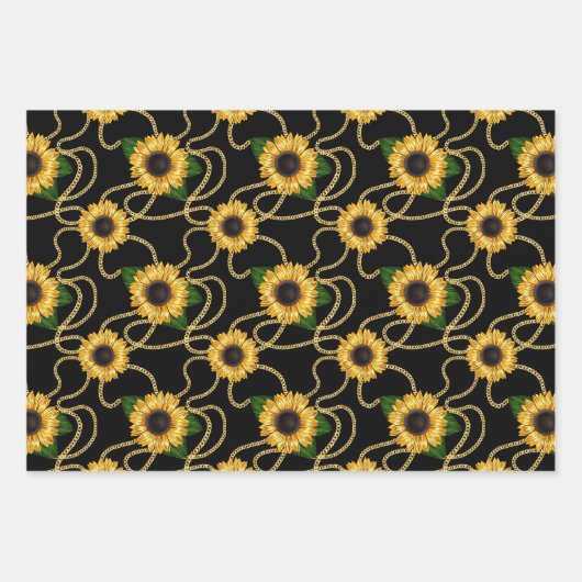 Classy Yellow Sunflower Stijlvol patroon op zwart Inpakpapier Vel (Voorkant 2)