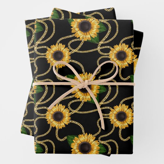 Classy Yellow Sunflower Stijlvol patroon op zwart Inpakpapier Vel (In situ)