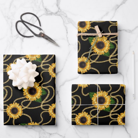 Classy Yellow Sunflower Stijlvol patroon op zwart Inpakpapier Vel (Voorkant)