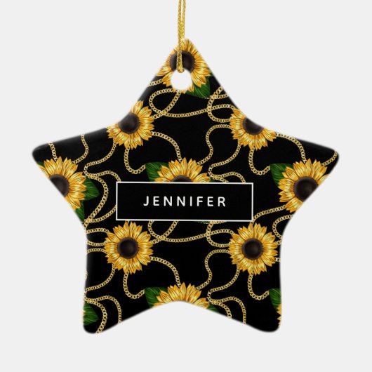 Classy Yellow Sunflower Stijlvol patroon op zwart Keramisch Ornament (Voorkant)