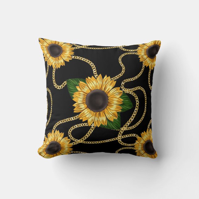 Classy Yellow Sunflower Stijlvol patroon op zwart Kussen (Voorkant)