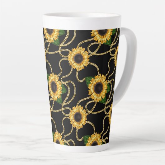 Classy Yellow Sunflower Stijlvol patroon op zwart Latte Mok (Rechterhoek)