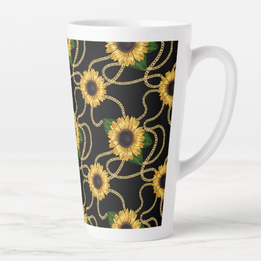 Classy Yellow Sunflower Stijlvol patroon op zwart Latte Mok (Rechts)